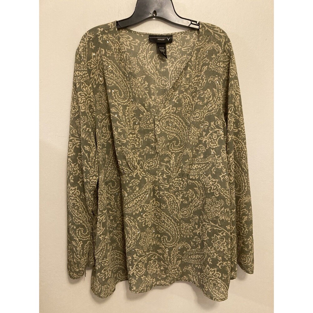 Venezia Women’s Fall Top Green Semi-Sheer Paisley Boho V-Neck Plus Size 22/24